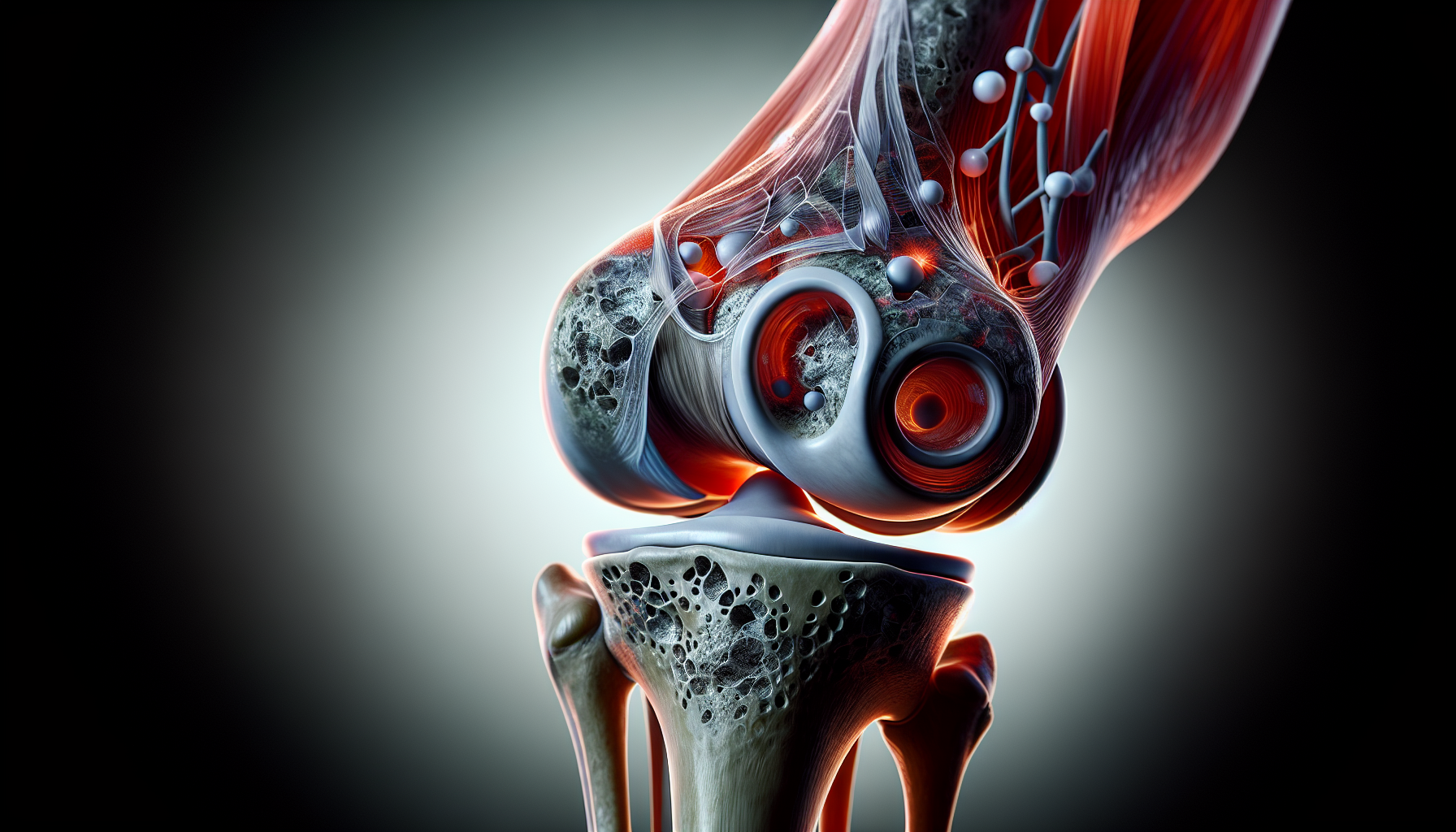 An illustration showing the anatomy of a knee joint affected by osteoarthritis, highlighting joint pain and stiffness.