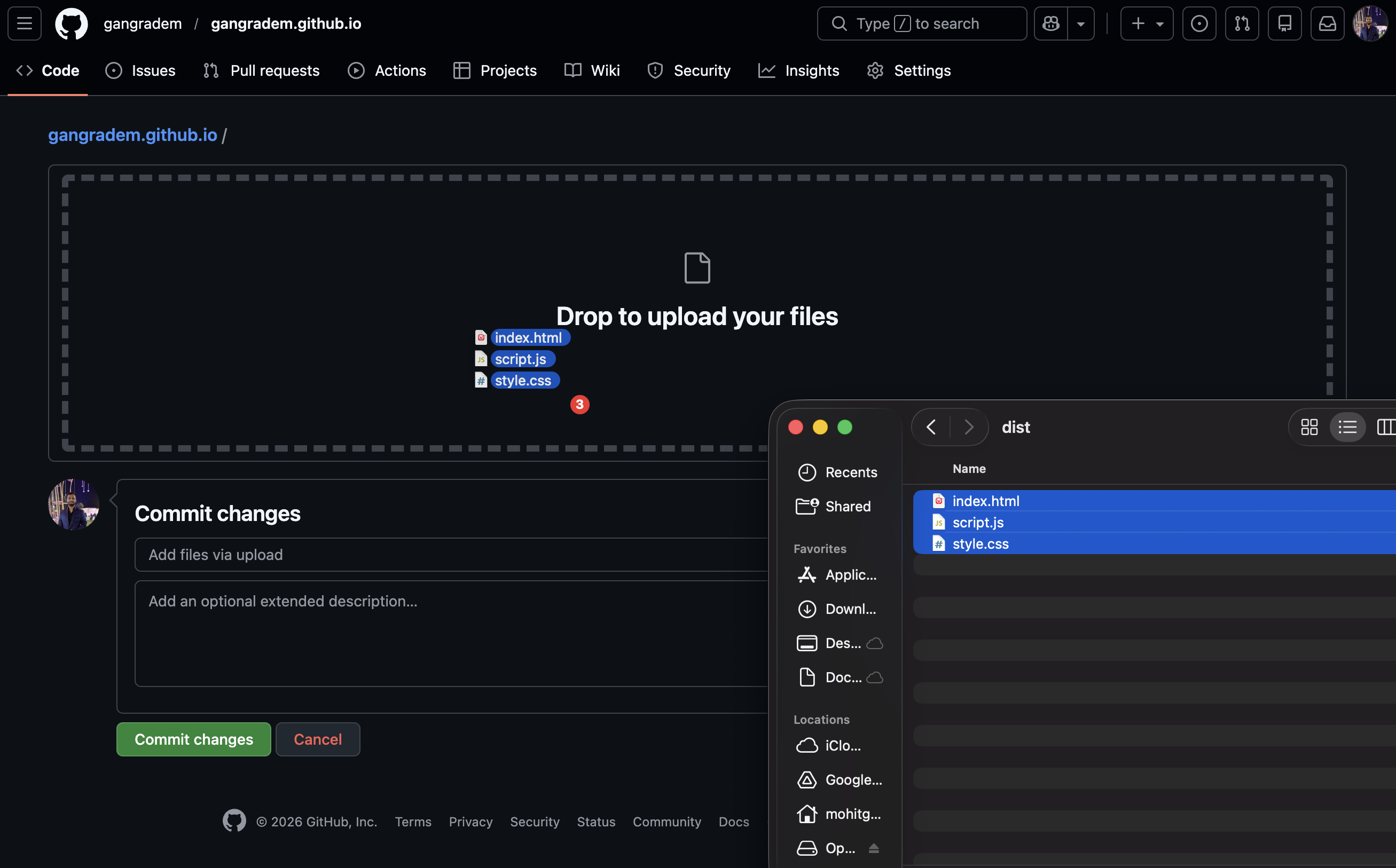 Drag and drop the files from the dist folder onto the Github Pages website