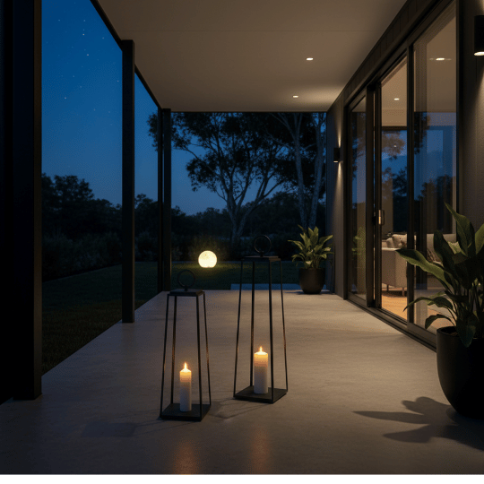 Portable outdoor lanterns with candle-style lights on a front deck.