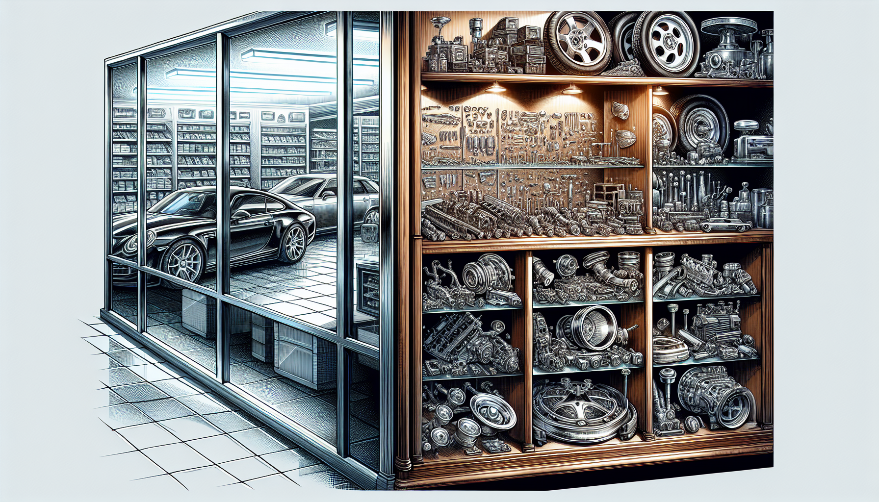 Illustration of a dealership with car parts