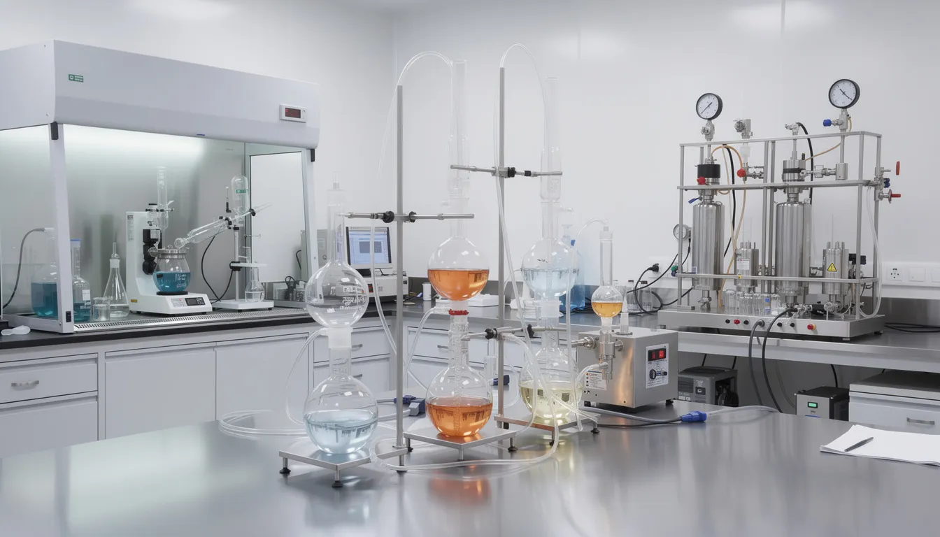 Das Bild zeigt eine wissenschaftliche Laborumgebung, ausgestattet mit verschiedenen Glasgeräten und Extraktionsausrüstungen, die zur Analyse von Cannabinoiden wie THC und dem weniger bekannten Cannabinoid THCV verwendet werden. Auf den Tischen sind zahlreiche chemische Geräte und Proben sichtbar, die auf die Forschung zur Wirkung von Cannabis und seinen Produkten hinweisen.