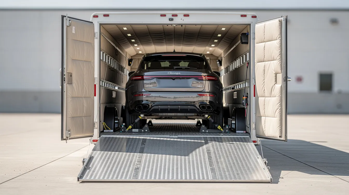 An enclosed auto transport trailer with its rear door open showcases a luxury vehicle securely protected inside, highlighting the care and safety provided by auto transport services. This scene emphasizes the importance of choosing reputable car transport companies for vehicle shipping.