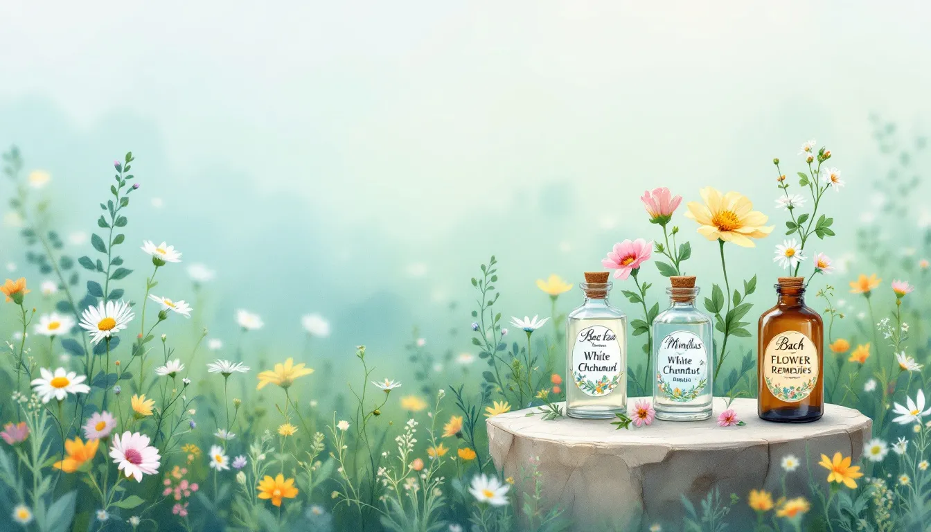 An illustration of various Bach flower remedies displayed in a natural setting.