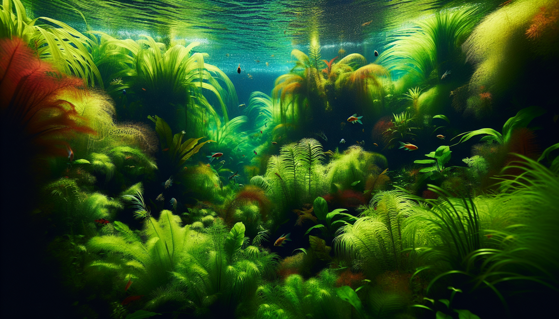 A beautiful aquascape with live plants providing hiding spots for fish