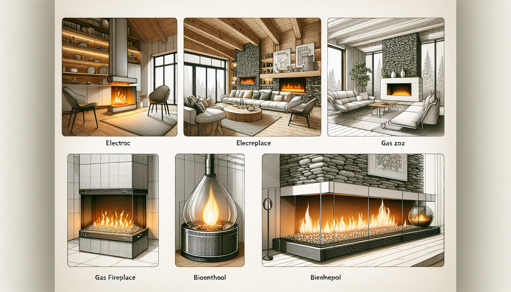 An illustration of different types of inbuilt fireplaces.