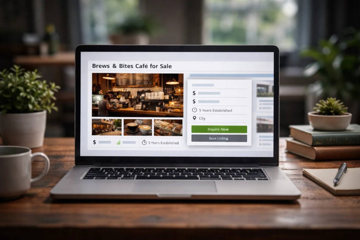 A listing for "Brews & Bites Cafe for Sale" with images of the cafe interior and coffee. The listing includes price, views, establishment duration, and location, with options to "Inquire Now" or "Save Listing." Seller financing business for sale is may be available to buyers.