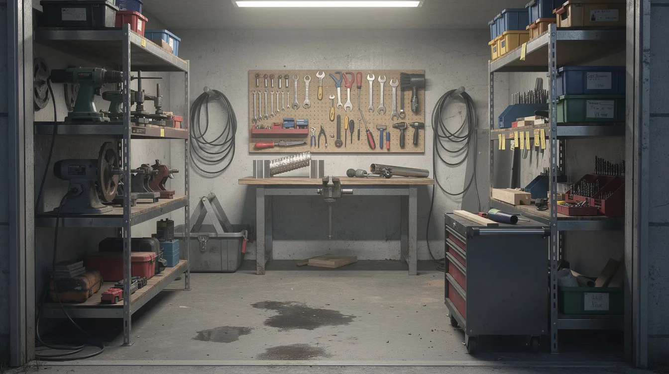 49df1a9e 6474 4db8 a0bc 79e2f019db1a The image depicts a small workshop filled with various industrial equipment and tools neatly arranged on shelves, showcasing a space dedicated to hands-on manufacturing processes. This setup is ideal for entrepreneurs looking to develop a business plan or project report for a mudra loan, highlighting the essential tools for operational efficiency and financial success.