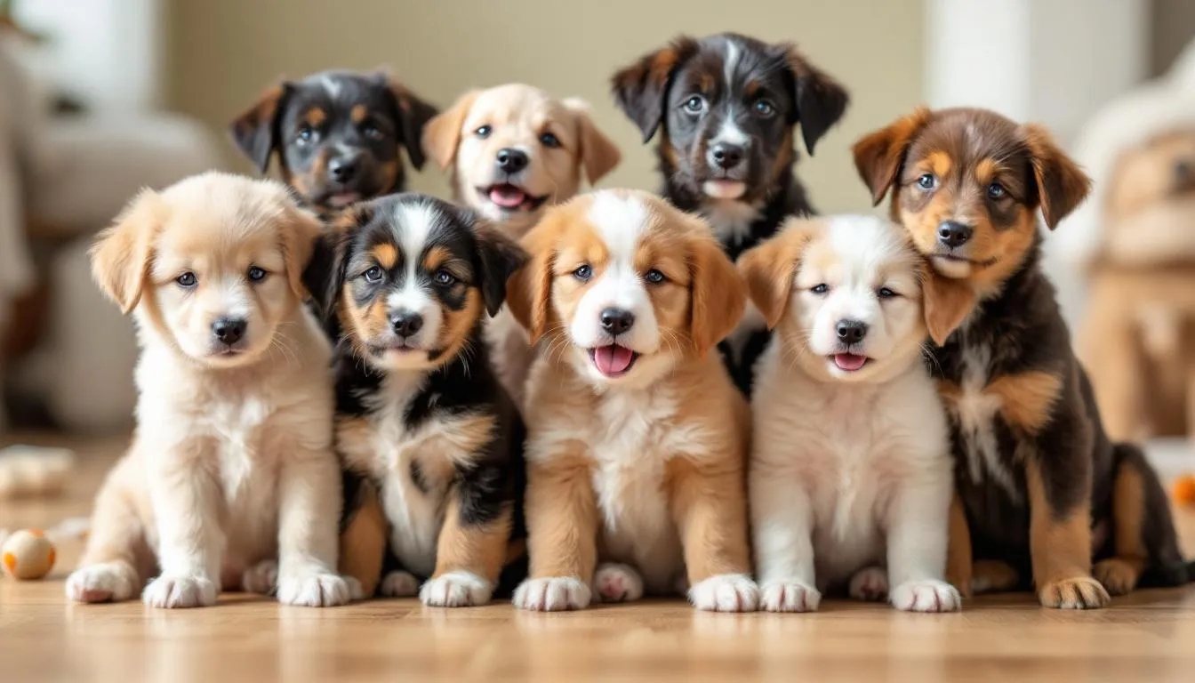 A delightful gathering of adorable puppies from various breeds is sitting together, each showcasing their unique personalities, perfect for inspiring cute dog names. The scene captures the joy of these little furry friends, making them ideal companions and family members.