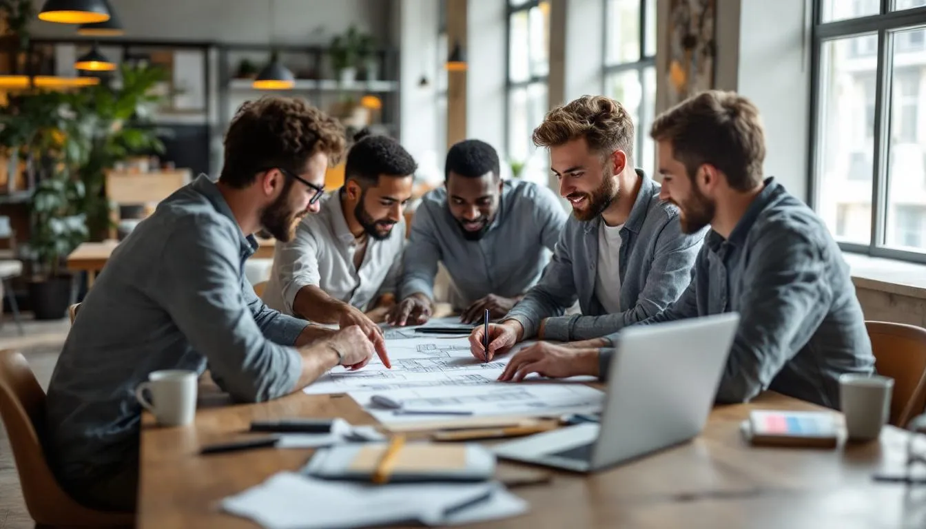 A group of young architects collaborates around a table filled with laptops and architectural drawings, exemplifying a positive culture and teamwork in a healthy workplace environment. Their interaction highlights the importance of professional relationships and support in achieving work-life balance and personal development.