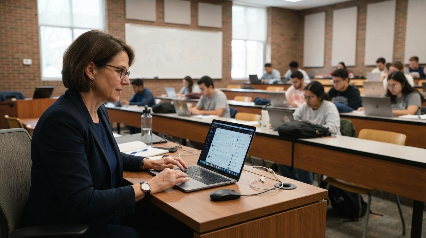 Photorealistic educator using a laptop in a university classroom while students work independently, emphasizing efficient digital teaching workflow and course management.