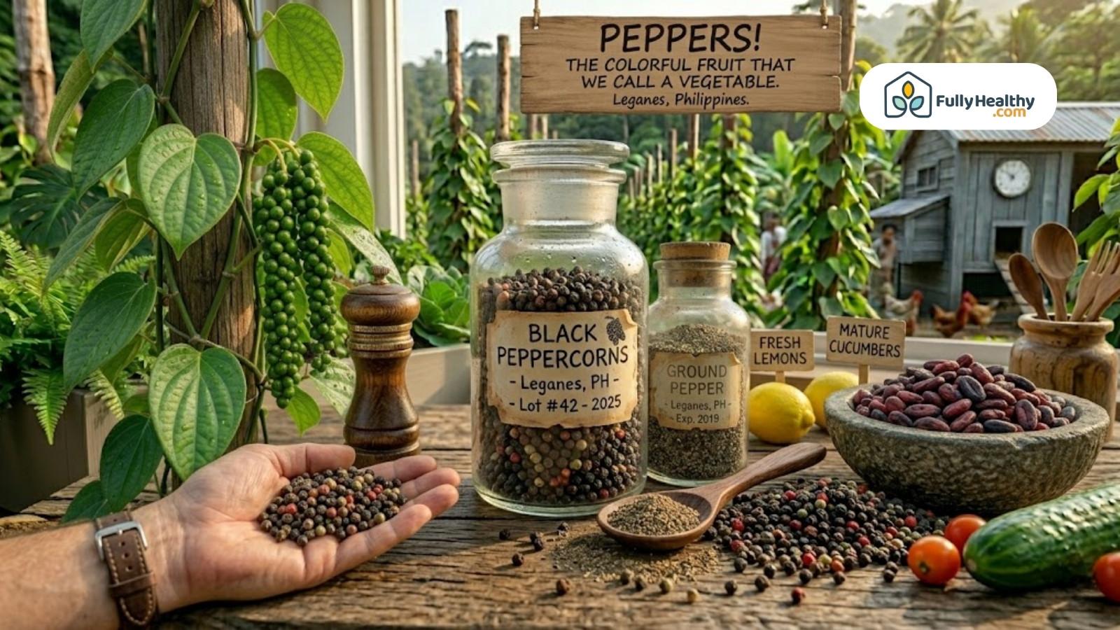 Fresh peppercorns, spices, and vegetables displayed with pepper plant in background