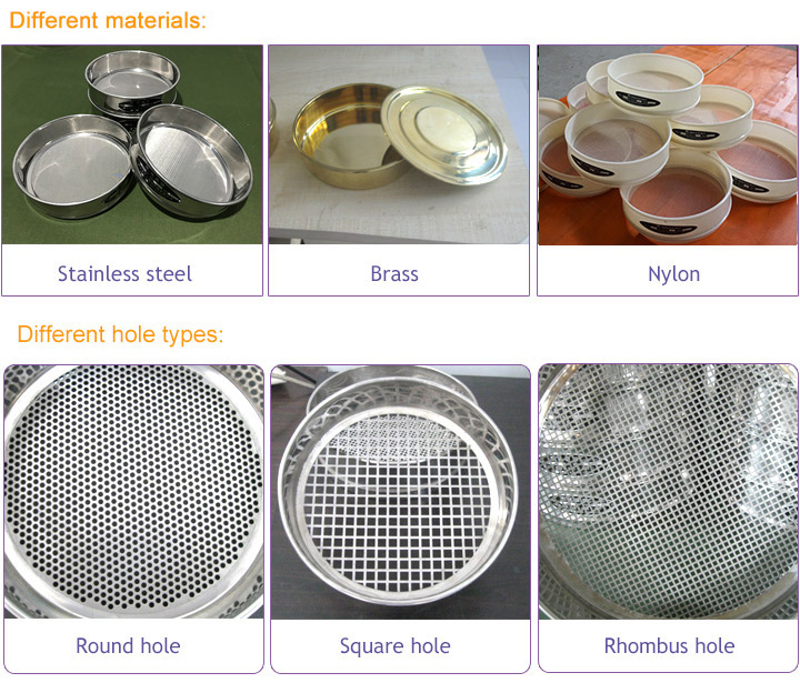 Various test sieves arranged in a row, showcasing different frame materials and mesh sizes