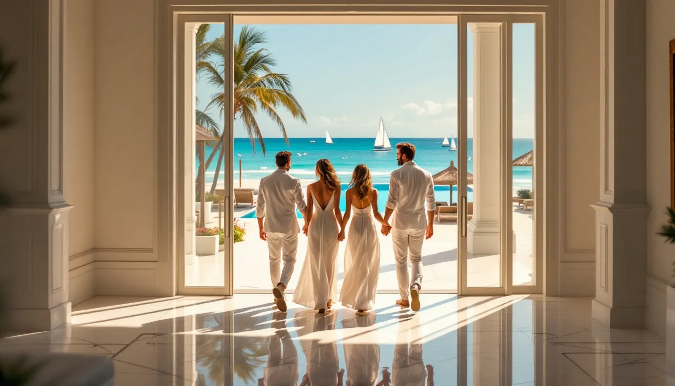 A family exploring a beautiful home in Cancun.