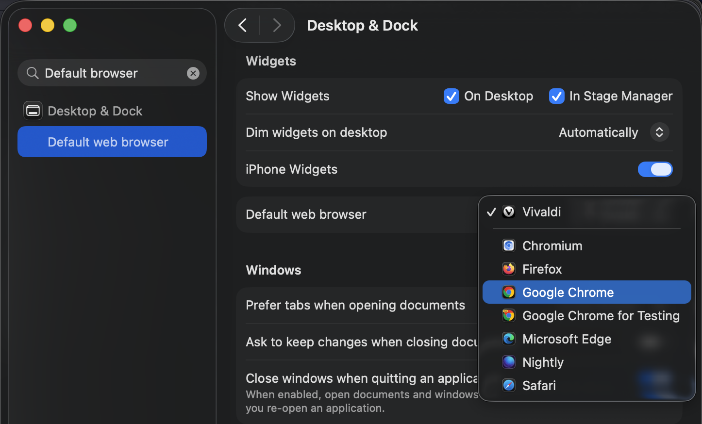 Select Google Chrome as the new default web browser.