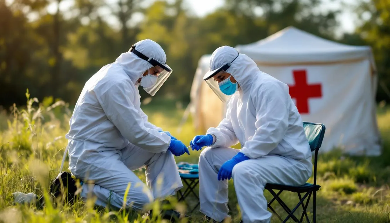 A group of healthcare workers in protective equipment is actively investigating an infectious disease outbreak in the field, collaborating to gather actionable information and respond effectively to the health concerns of the community. Their efforts are crucial in addressing current outbreaks and improving prevention strategies against diseases such as cholera and malaria.
