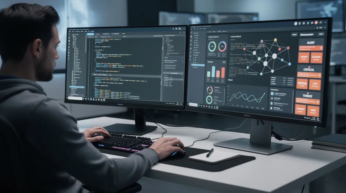 A person is seated at a desk with two monitors; one displays a terminal filled with code, while the other shows a security dashboard featuring charts and alert data. This setup is essential for cybersecurity teams to monitor threat detection, refine detection rules, and manage incident response effectively.
