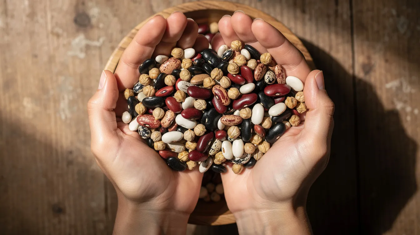 A pair of hands holds an assortment of colorful dried bean seeds above a wooden bowl, showcasing a variety of heirloom seeds. This image emphasizes the practice of seed saving, highlighting the importance of preserving unique seed varieties for future planting.