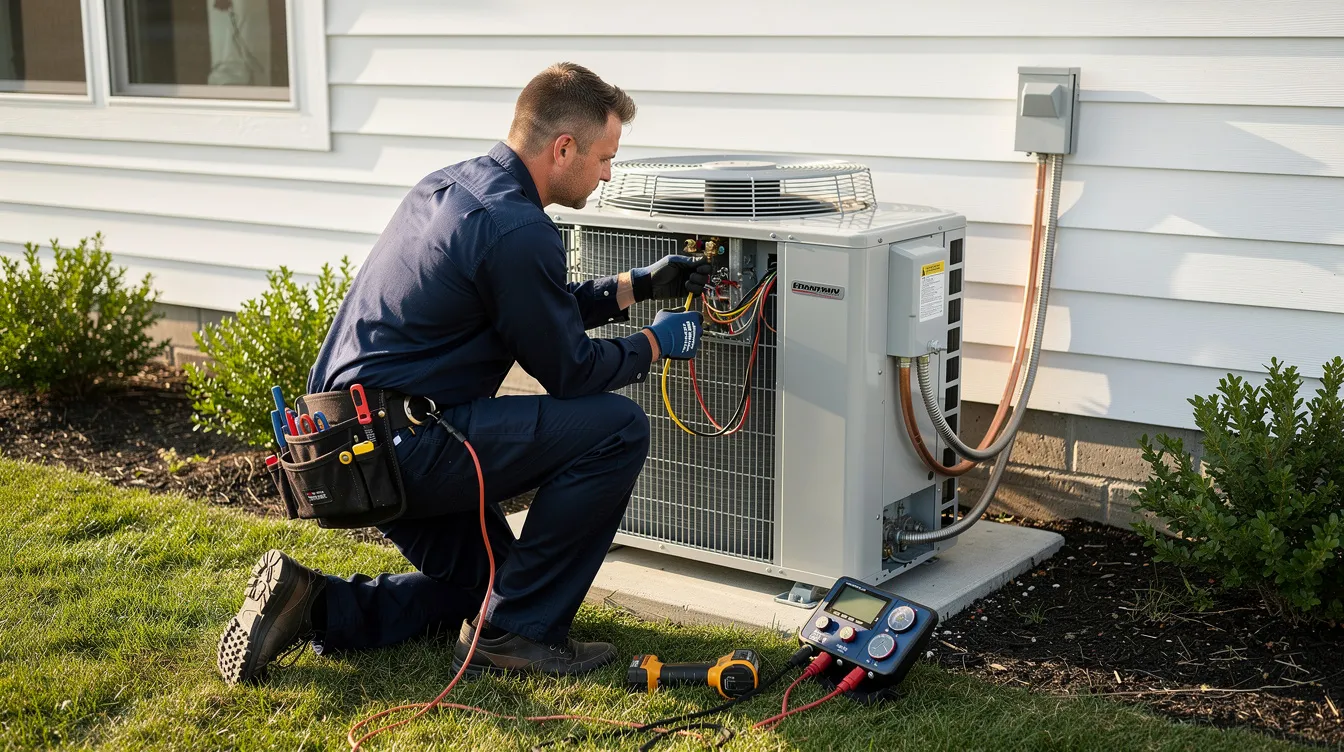 An HVAC technician is seen installing a new outdoor air conditioning condenser unit, ensuring proper connection to the existing ductwork for optimal cooling efficiency. This installation is crucial for achieving a high seasonal energy efficiency ratio and reducing utility bills.