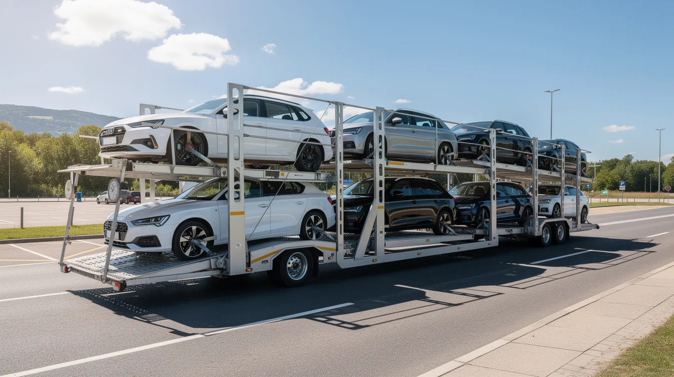 An open car carrier trailer is loaded with several sedans and SUVs under a bright blue sky, showcasing the efficiency of car shipping services. This image highlights the reliable auto transport industry, illustrating how multiple vehicles can be securely transported in one shipment.