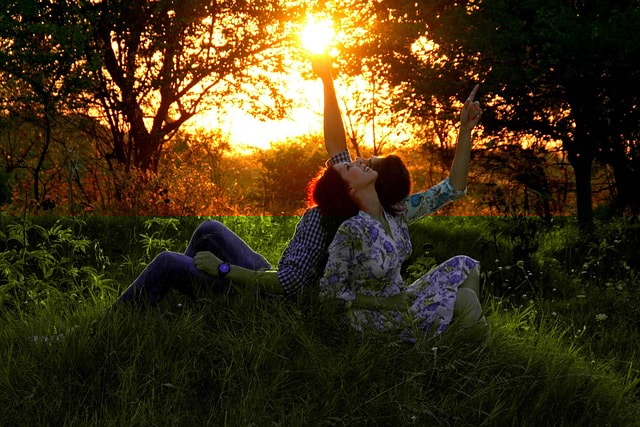couple, love, nature, sunset, grass, romance, in the evening