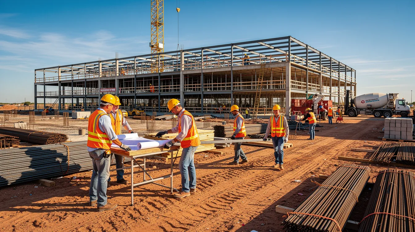 A group of construction workers wearing hard hats and safety vests are actively working on a large commercial building site in Central Texas under a clear blue sky, showcasing the vibrant activity within the construction industry. This scene reflects the ongoing demand for skilled trades and the importance of workforce development in addressing the labor supply challenges faced by the Texas construction market.