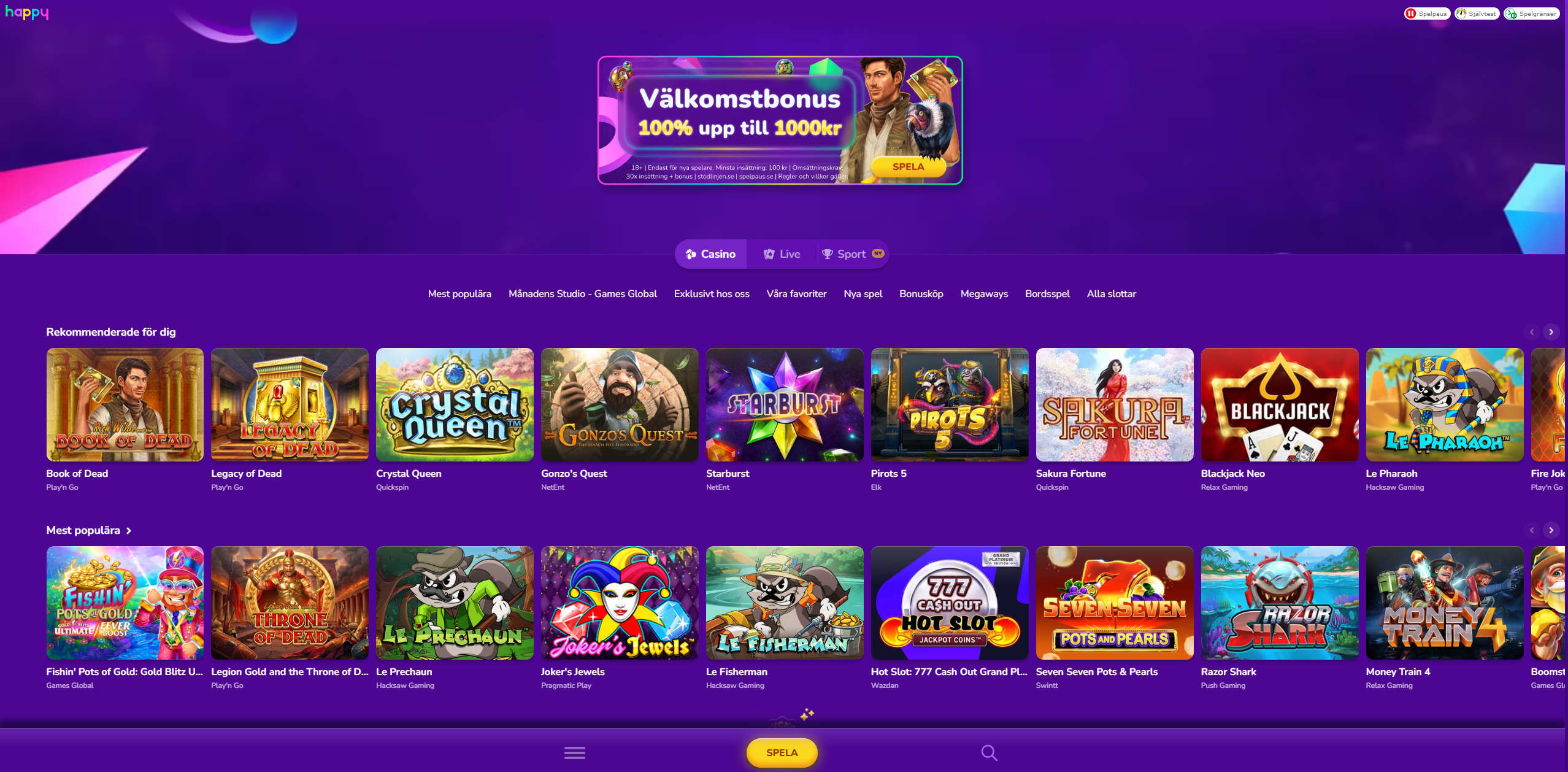 Spelutbud hos Happy Casino med slots, populära spel och kategorier från flera spelleverantörer.