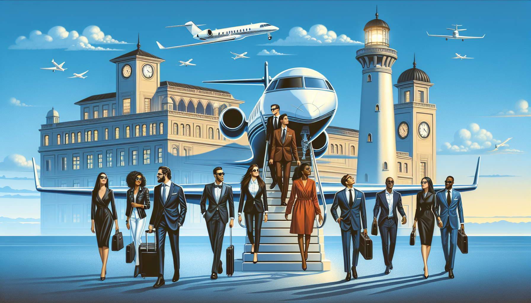 Illustration of a group of business travelers boarding a private jet