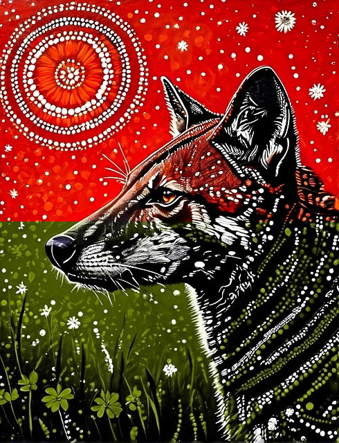 Anthropomorphic fox: artwork of a fox with a red, Aboriginal print.