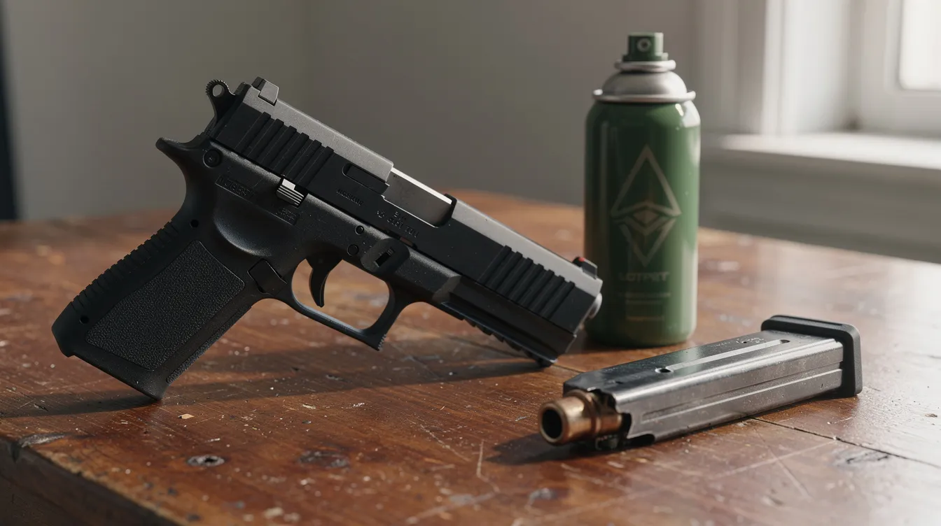 A close-up view of a black polymer-framed Glock airsoft pistol rests on a wooden table, accompanied by a magazine and a green gas canister, highlighting its realistic design and gas blowback features. The image showcases the airsoft pistol's sleek appearance, making it an appealing choice for airsoft players.