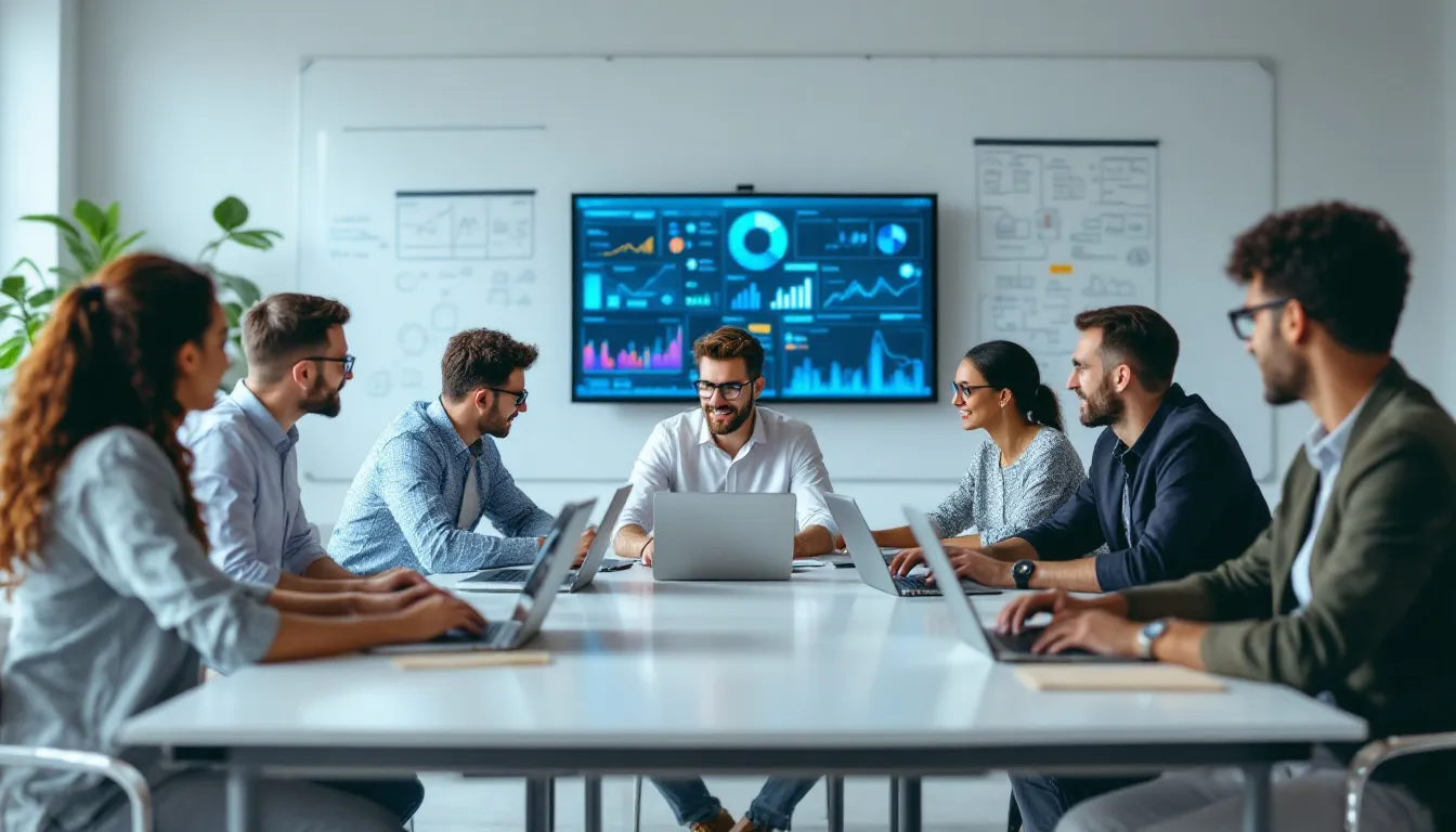 A diverse team of professionals is collaborating on laptops, surrounded by vibrant data visualizations that illustrate data analytics and integration processes. They are engaged in data engineering tasks, likely involving the mapping of data flows and maintaining data pipelines visually, showcasing a unified analytics platform for scalable data transformation.