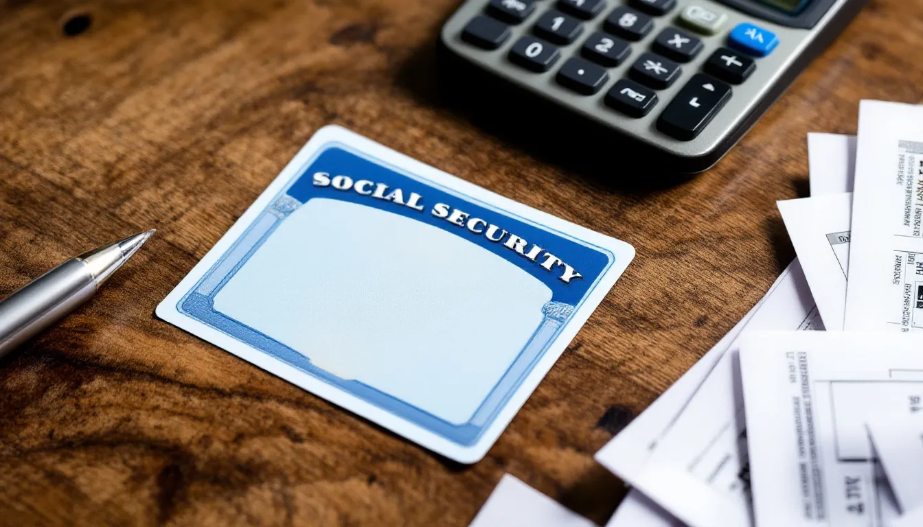 A Social Security card is placed next to a calculator and tax forms on a wooden desk, illustrating the importance of financial responsibility in managing family accounts and taxes. The scene reflects the intersection of personal identity and societal obligations.