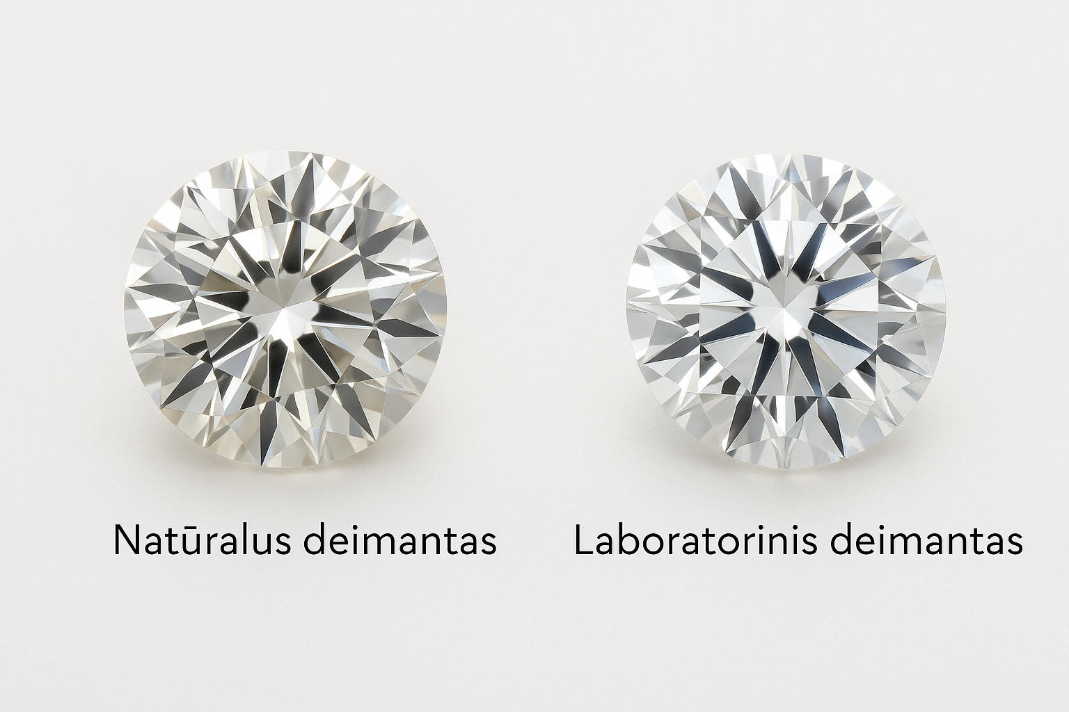 Du apvalūs briliantai ant balto fono – kairėje natūralus deimantas, dešinėje laboratorinis deimantas.