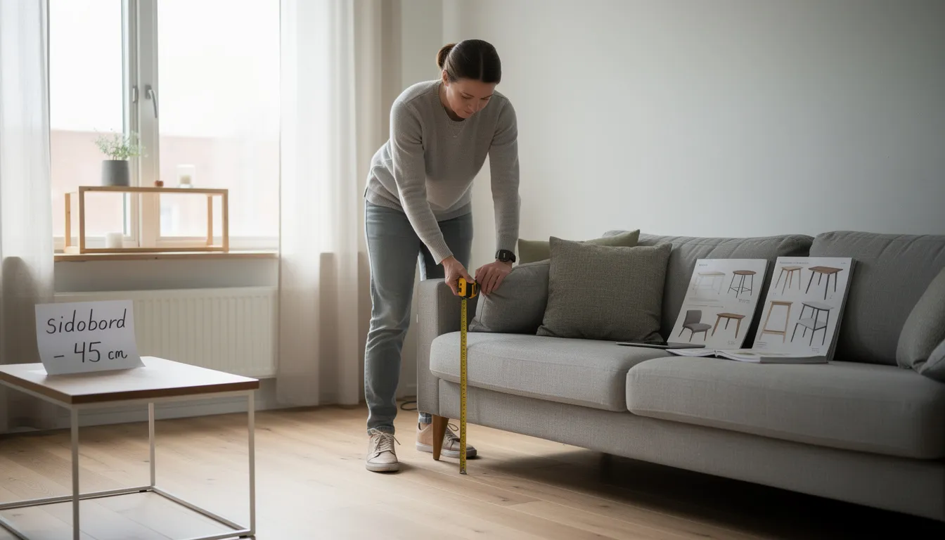 En person står bredvid sin soffa och mäter höjden med ett måttband för att säkerställa att det sidobord de ska välja passar perfekt i rummet. Bordet kommer att vara en praktisk och stilren möbel i hemmet, oavsett om det är av trä eller metall.