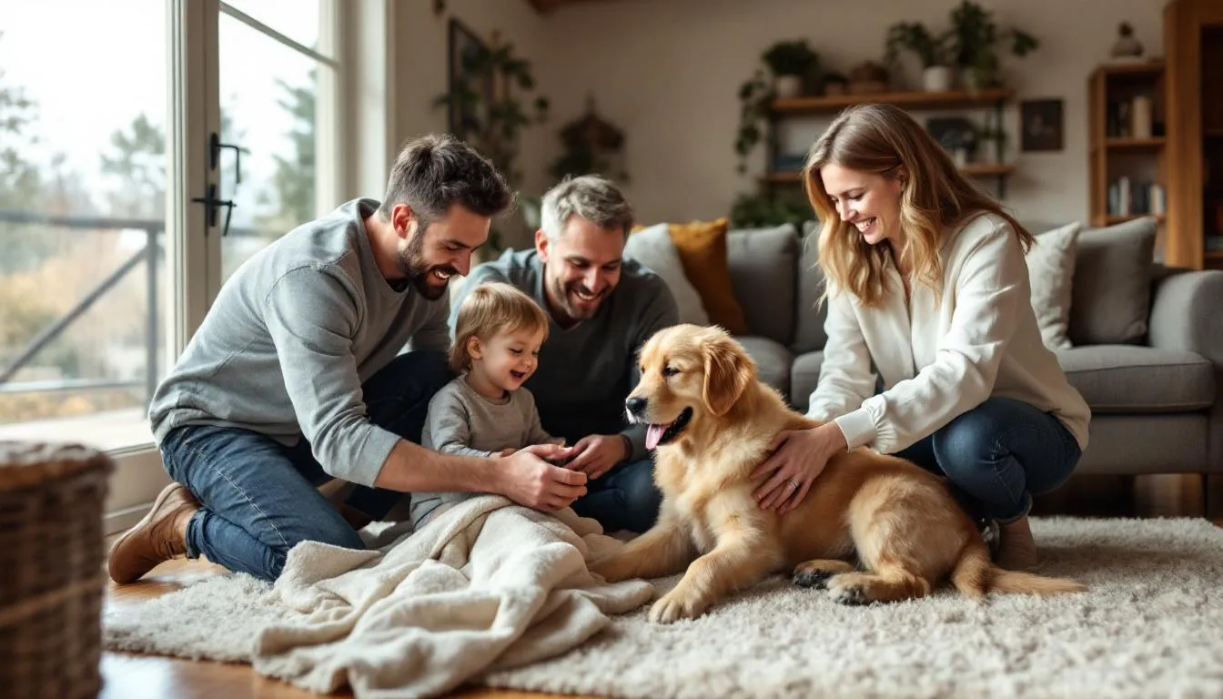 In a cozy home setting, a family joyfully interacts with a playful Goldendoodle puppy, showcasing the breed