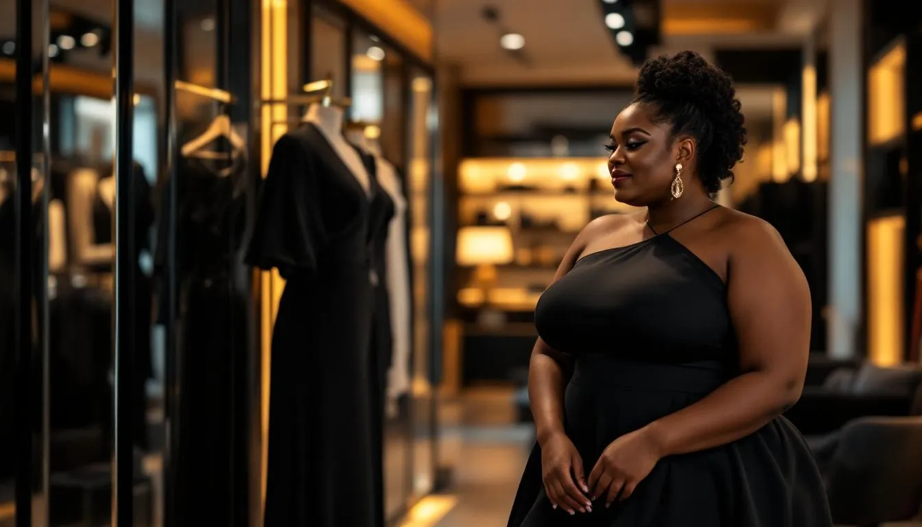 A person shopping for plus size black dresses in a store.