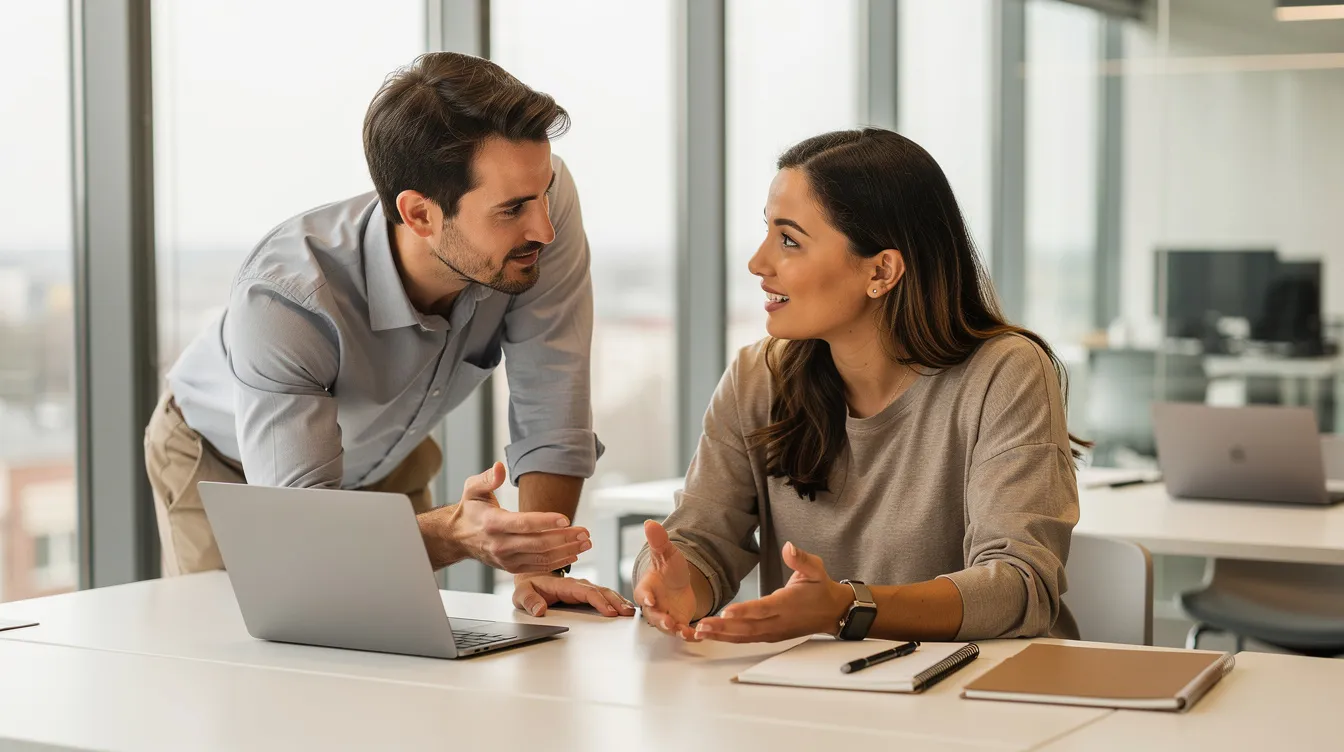 Un manager attentif écoute un collaborateur dans un bureau lumineux et ouvert, illustrant l'importance de la communication et de la collaboration au sein des équipes. Cette scène reflète un environnement de travail inclusif où les différences de chacun sont respectées et valorisées.