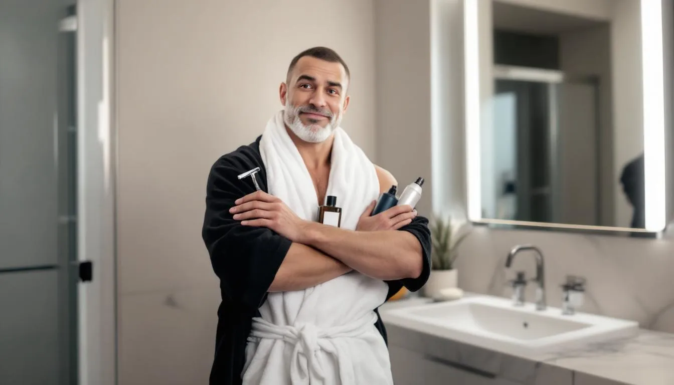 A man stands confidently in a bathroom, striking an exaggerated pose while holding various grooming products, showcasing a strong brand voice and a memorable brand identity. His expression conveys empowerment, resonating with the target audience and creating an emotional connection through a unique tone.