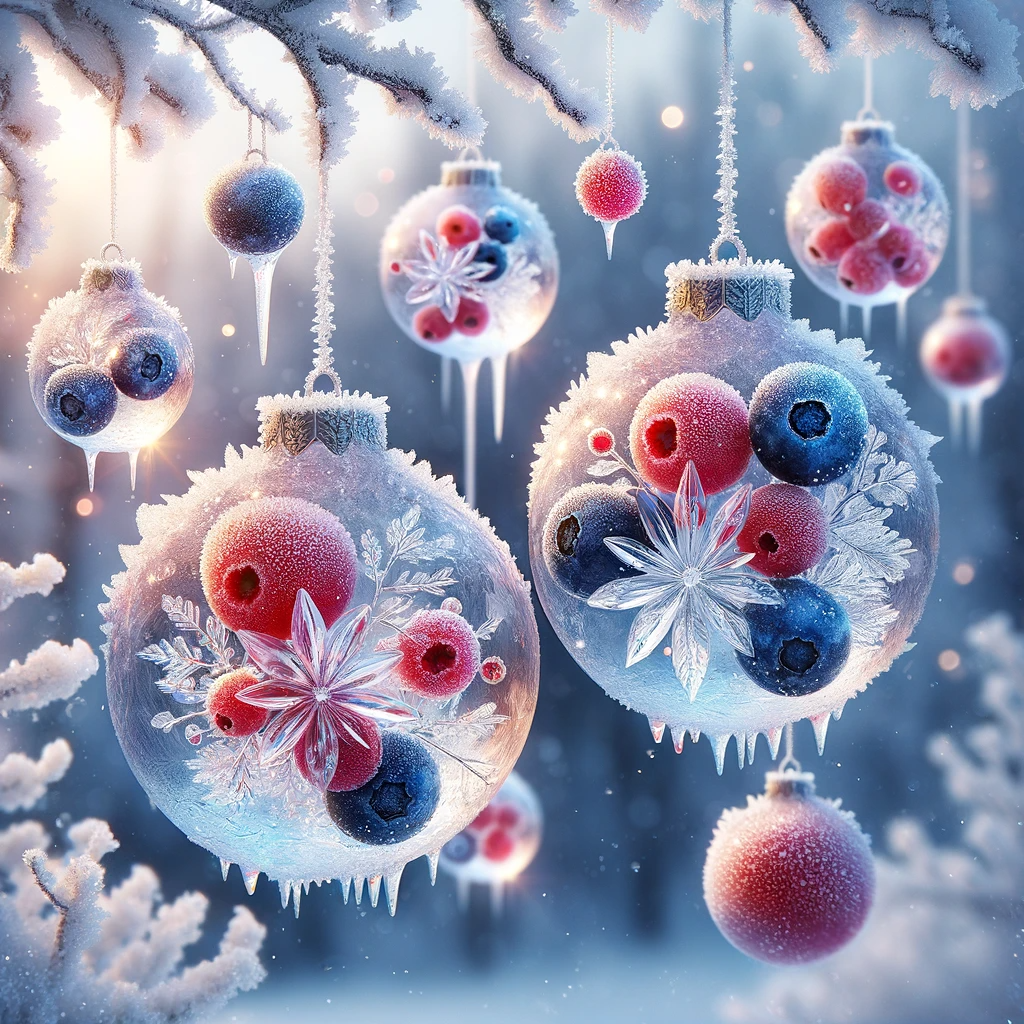 A beautiful image showing ice ornaments with berries, perfect for Christmas science experiments