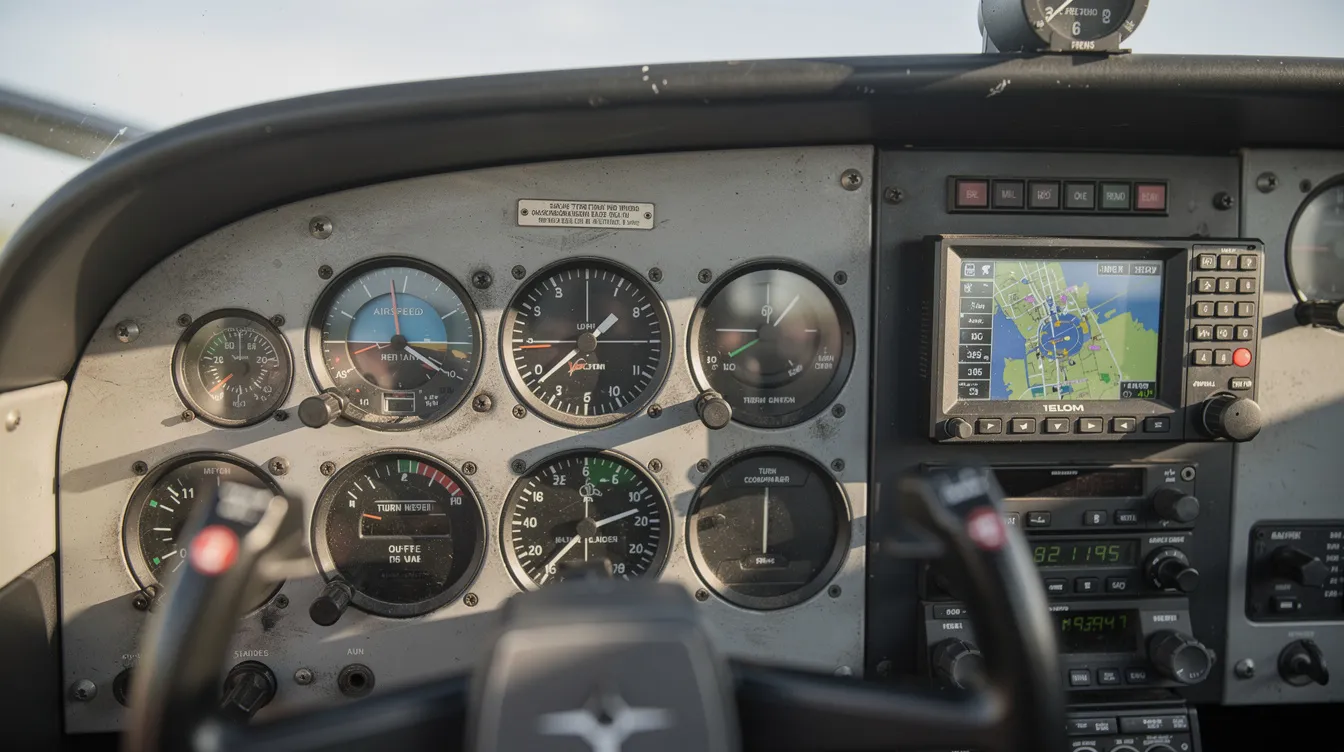 The image shows a close-up view of an aircraft instrument panel inside a training airplane, featuring analog gauges alongside a GPS unit, essential tools for student pilots during their flight training. This setup is crucial for understanding flight operations, contributing to the overall pilot training experience.