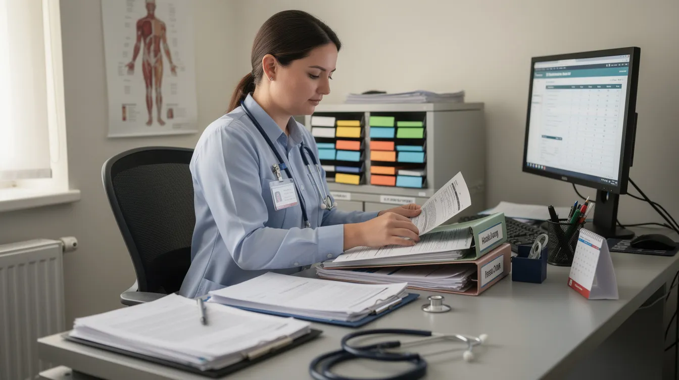 An individual is seated at a desk, meticulously organizing various medical documents and paperwork related to their heart condition, such as medical records and evidence for social security disability benefits. The scene reflects the importance of managing paperwork for those dealing with chronic heart failure or coronary artery disease as they navigate the SSDI application process.