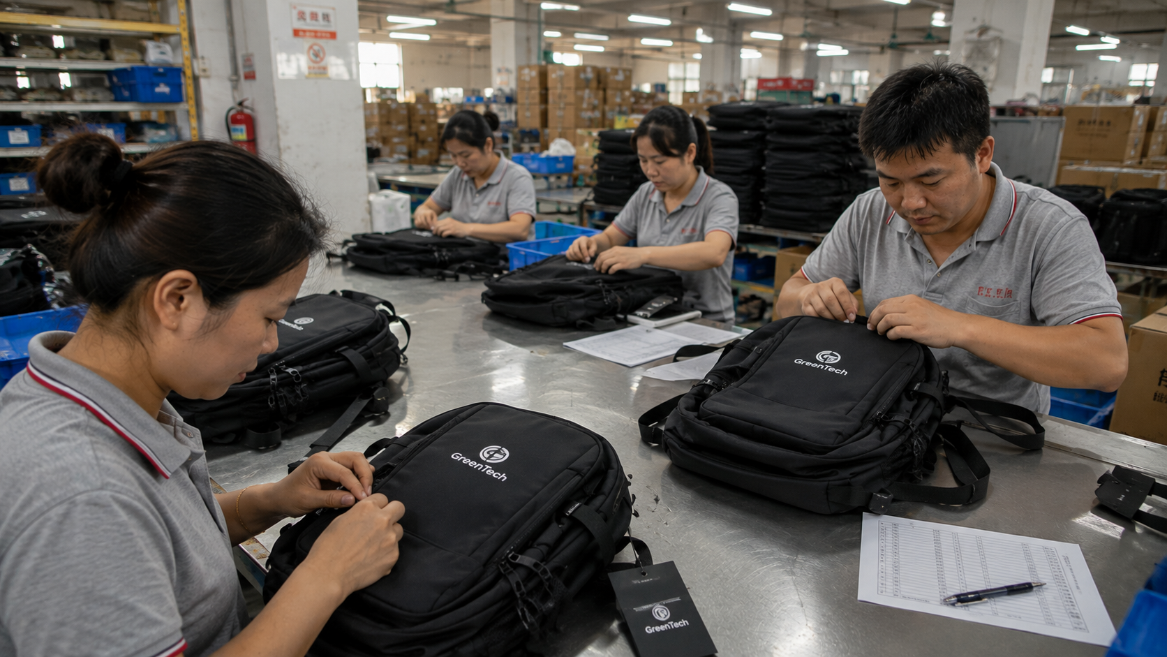 Workers checking backpack zippers, straps, storage, and fabric samples before production