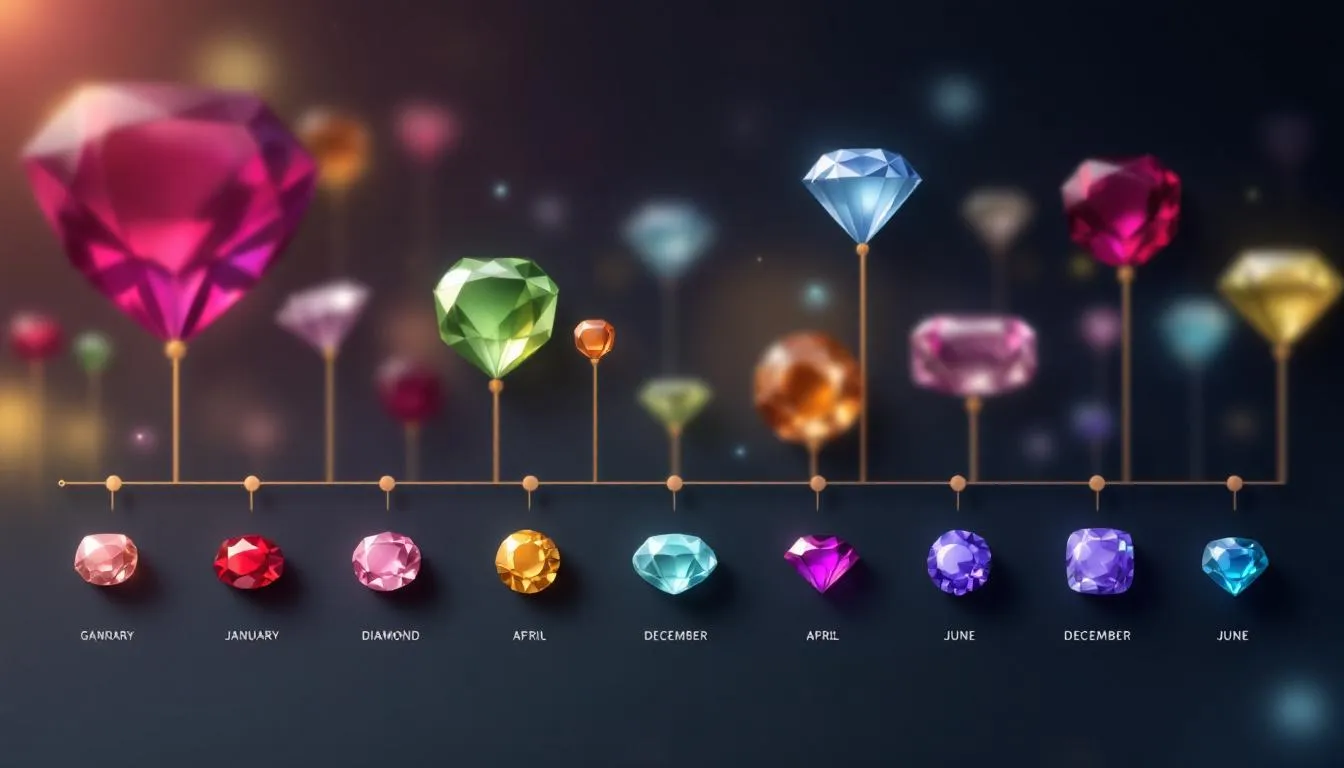 An illustration depicting a collection of modern birthstones, showcasing vibrant gemstones associated with each month, including garnet for January, diamond for April, and blue sapphires for September. The arrangement highlights the evolution of birthstones, with multiple options for some months, reflecting their cultural significance and classic beauty in jewelry.