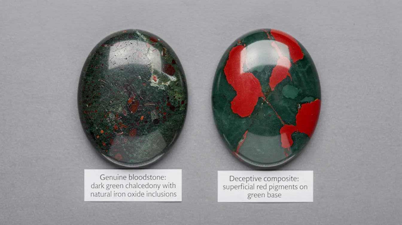 The image depicts a close-up view of genuine bloodstone, showcasing its dark green chalcedony quartz base with naturally dispersed iron oxide inclusions, contrasting with deceptive green-red composites. This gemstone, often used in jewelry like rings and earrings, exemplifies the unique properties and clarity of natural stones, making it a valuable addition to any collection.