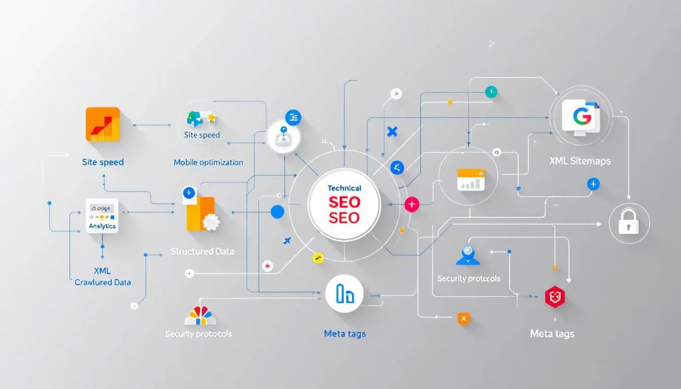 A diagram illustrating technical SEO considerations for websites.