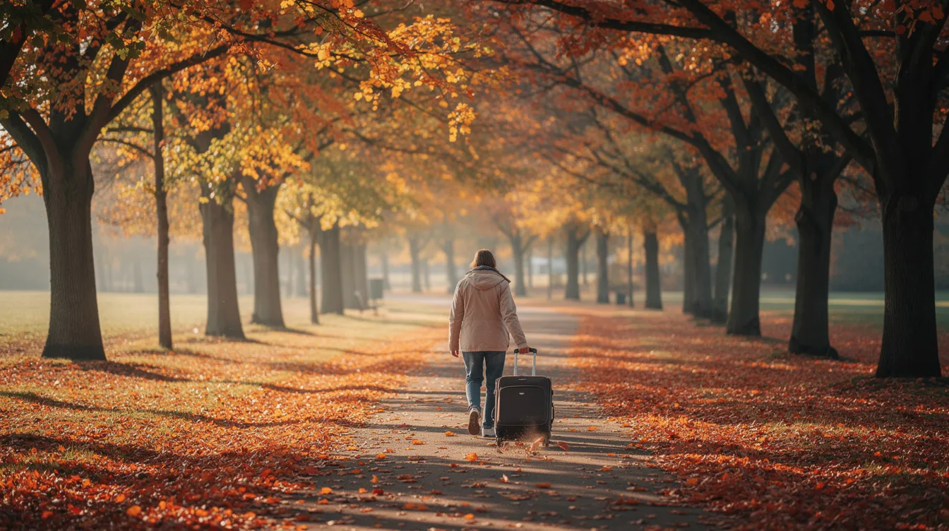 A person is walking along a picturesque tree-lined path blanketed in vibrant autumn leaves while pulling a small rolling suitcase, suggesting they are on a weekend trip or an upcoming adventure. The scene captures the essence of fall, making it a perfect backdrop for a leisurely stroll or a short backpacking trip.