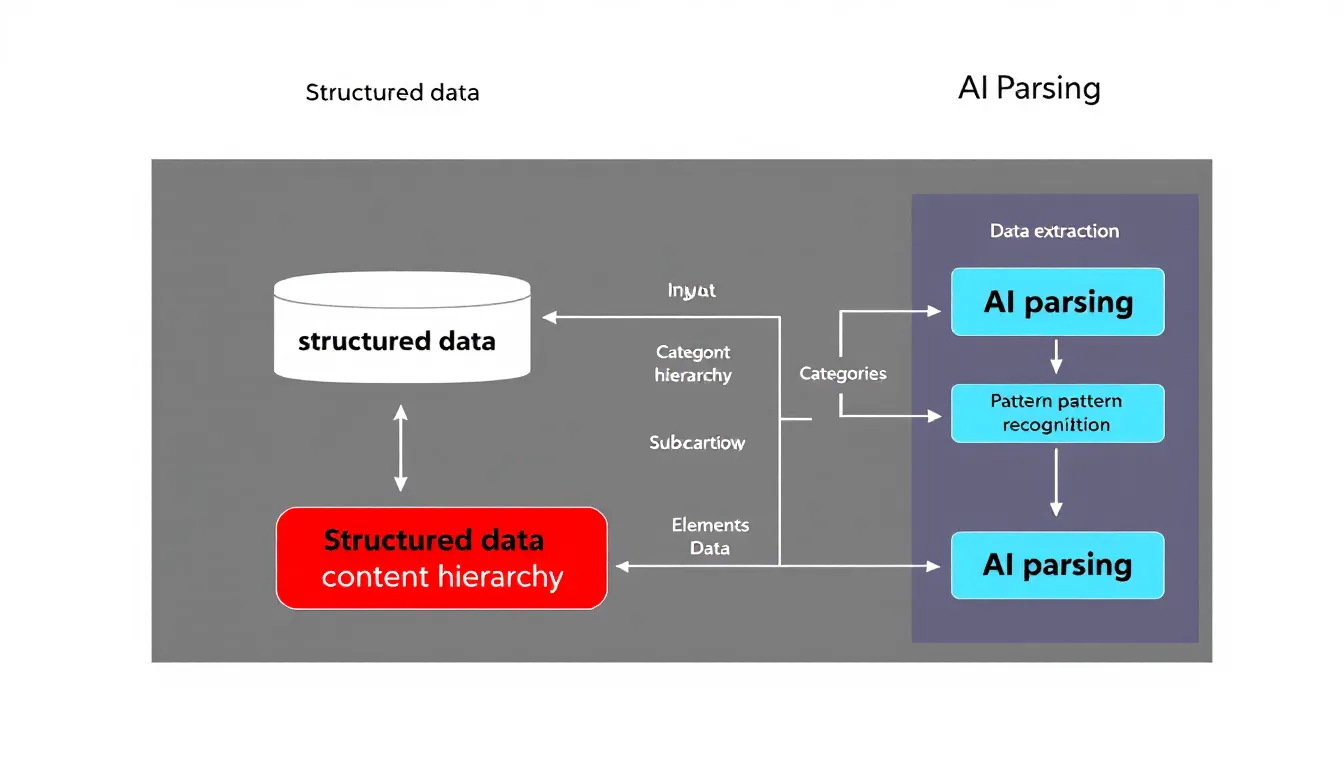 The image depicts a technical flowchart illustrating the relationship between structured data, content hierarchy, and AI parsing, highlighting how generative AI engines optimize content for user queries. It contrasts traditional search engine optimization practices with AI-driven search engines that utilize advanced machine learning models to enhance search results and user engagement.