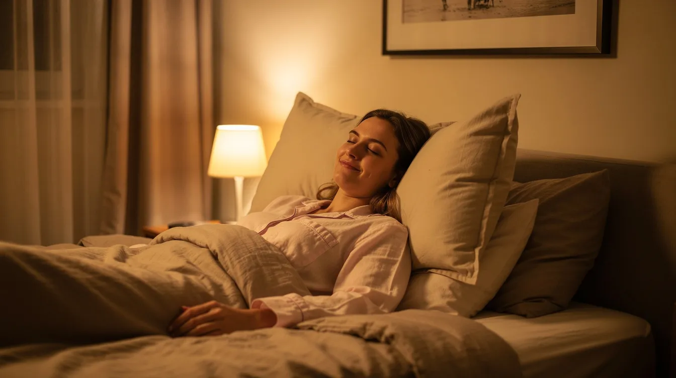 A person is resting comfortably with their head elevated on pillows in a softly lit bedroom, suggesting a serene atmosphere. This image evokes a sense of relaxation, possibly after undergoing a submental liposuction procedure to address excess fat in the chin and neck area, enhancing their youthful appearance.