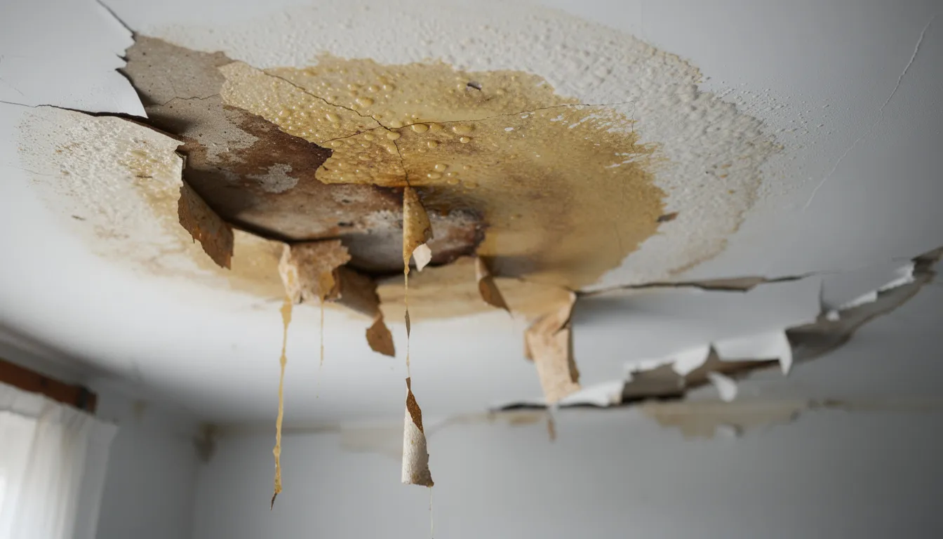 The image shows a ceiling with visible water damage, characterized by dark water stains and peeling paint, indicating potential maintenance issues that property managers should address promptly to prevent costly repairs and ensure tenant satisfaction. Regular inspections and timely maintenance requests can help mitigate urgent issues and enhance the overall property maintenance process.