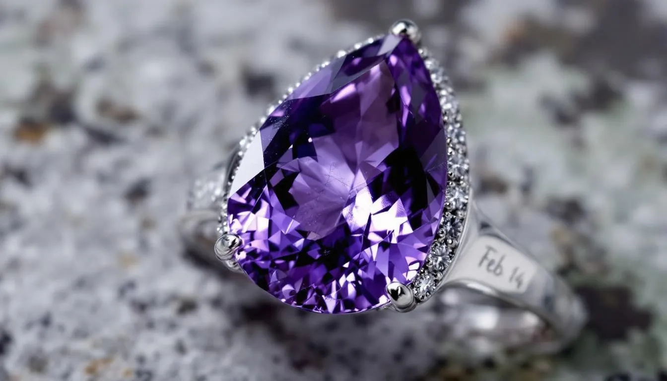 The image features a collection of customised amethyst jewellery, showcasing rings, necklaces, and earrings set in silver and gold. Each piece is adorned with stunning amethyst gemstones, reflecting the elegance and individuality of February birthstone jewellery, perfect for celebrating February birthdays.