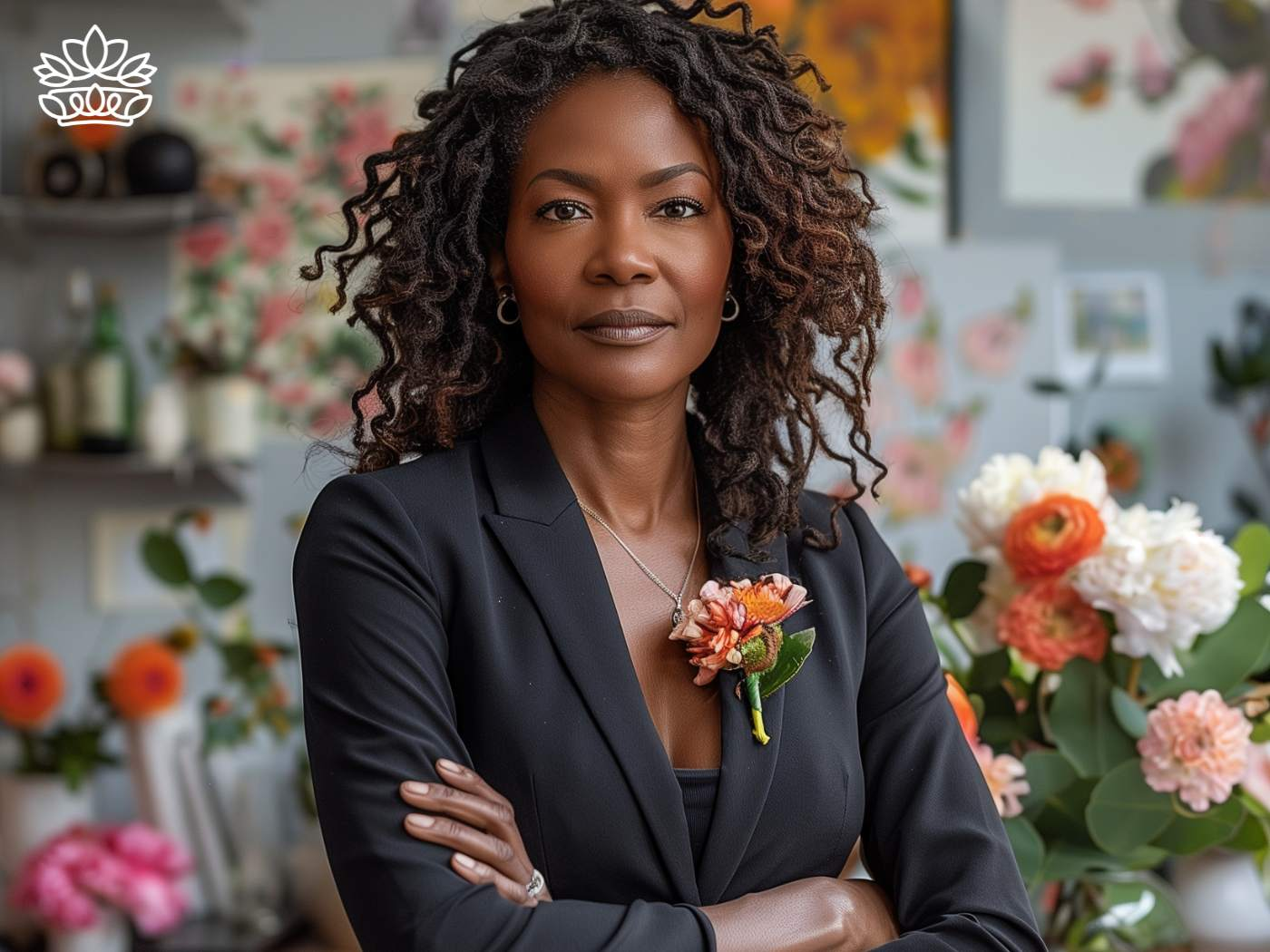 Confident CEO adorned with a vibrant floral lapel pin, surrounded by blooms that thrive in indirect sunlight, presenting a professional yet inviting office ambiance, from Fabulous Flowers and Gifts